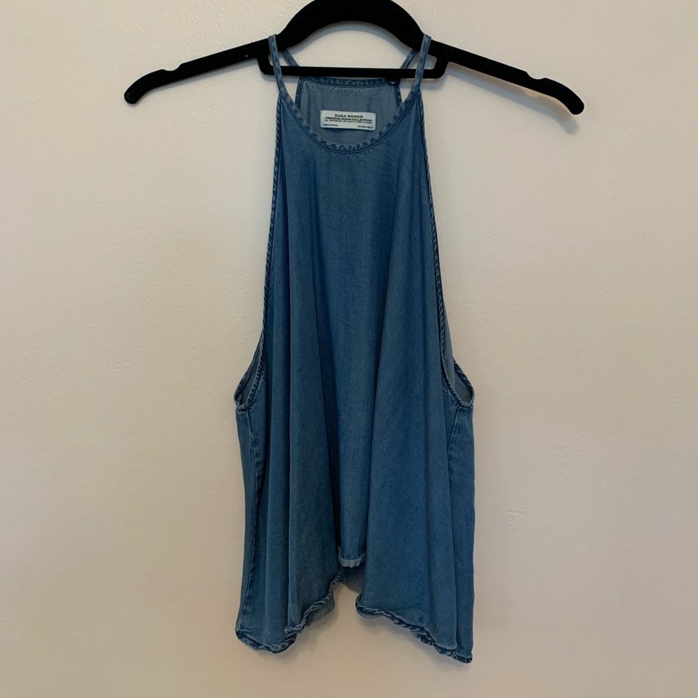 Light wash denim halter neck top